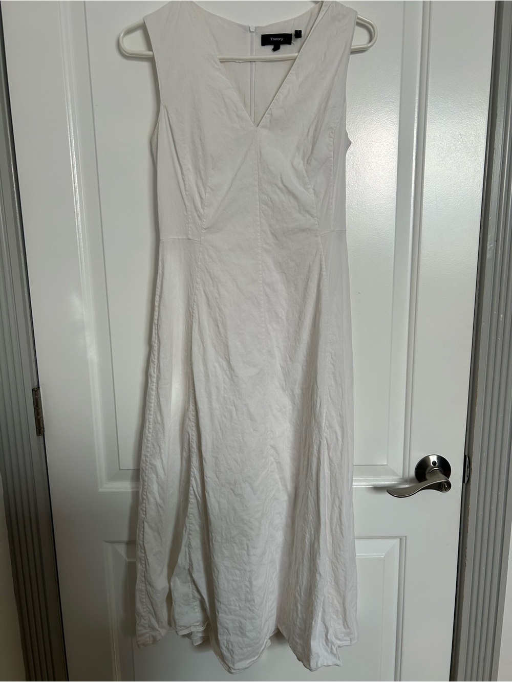Theory Seamed V-Neck White Linen Blend Midi Dress Size 4 chic preppy summer - Picture 2 of 16